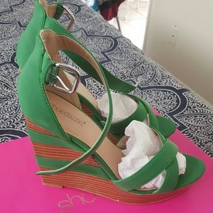 Green and Tan Shoe Dazzle Wedges