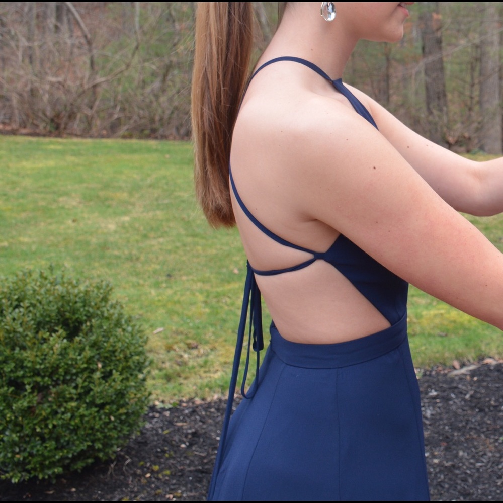 Navy Racerback-Tie Prom Dress