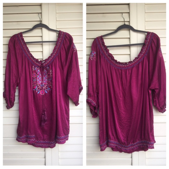 Stunning Maroon Plus Size Silk Boho Peasant Top - Picture 1 of 7