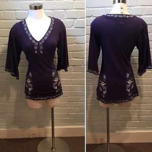 BCBG Embroidered Purple Bell sleeve top
