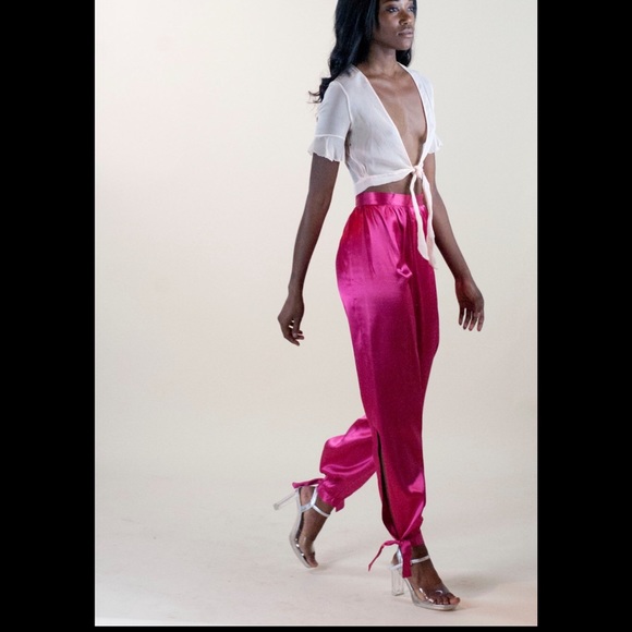 Vintage Pants - SALE ❤️Hot Pink satin bow tie pants high waist