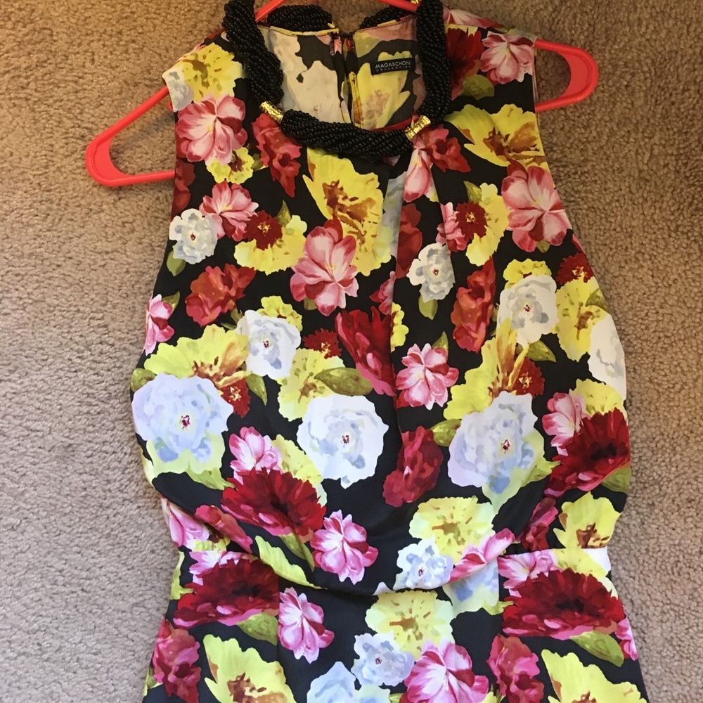 Magaschoni floral dress with attached necklace