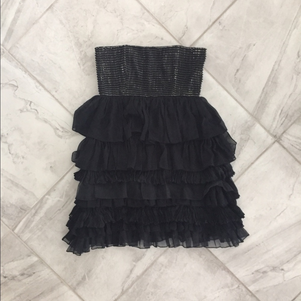 Alice + Olivia Strapless Rhinestone Ruffle Dress