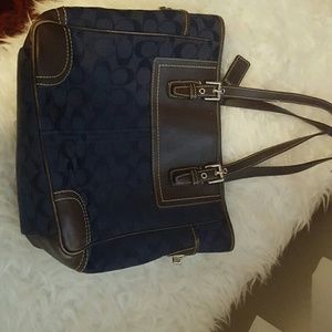 Navy blue and dark brown leather coach purse