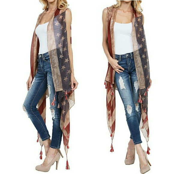 RESTOCKED American flag kimono sheer vest tassels - Picture 3 of 6