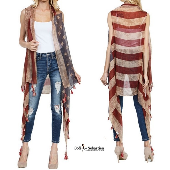 Sofi + Sebastien Jackets & Blazers - RESTOCKED American flag kimono sheer vest tassels