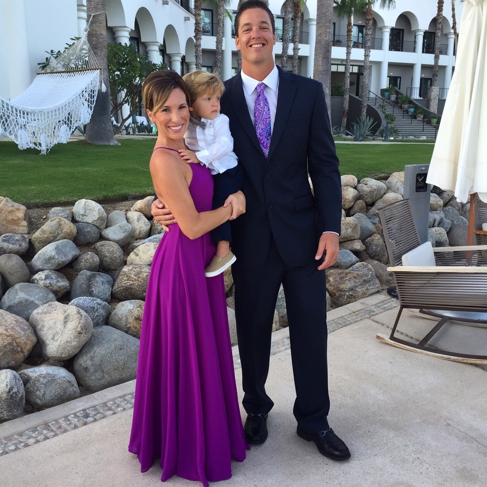 Floor length fuchsia bridesmaids dress