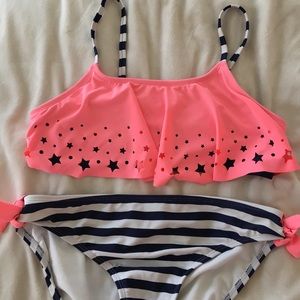 Neon pink and navy striped bikini from Target