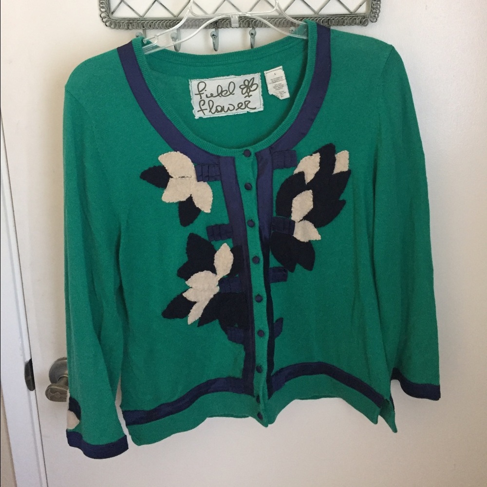 Anthropologie green field flower cardigan L