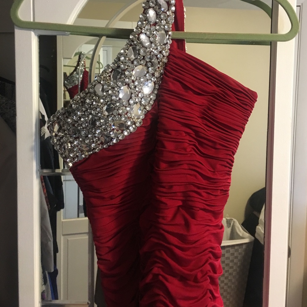 Red and sequin one shoulder semi formal dress