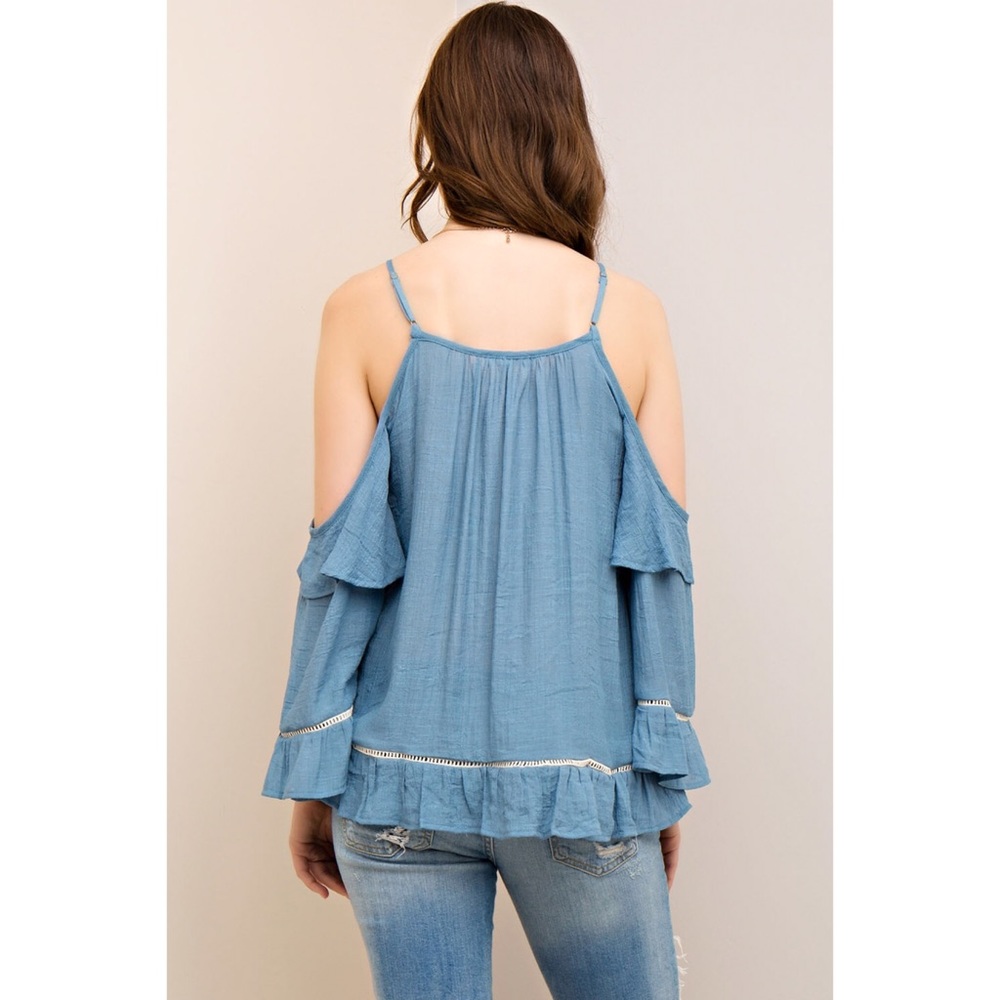 Blue Cold Shoulder Bell Sleeve V-Neck Blouse - Picture 5 of 8