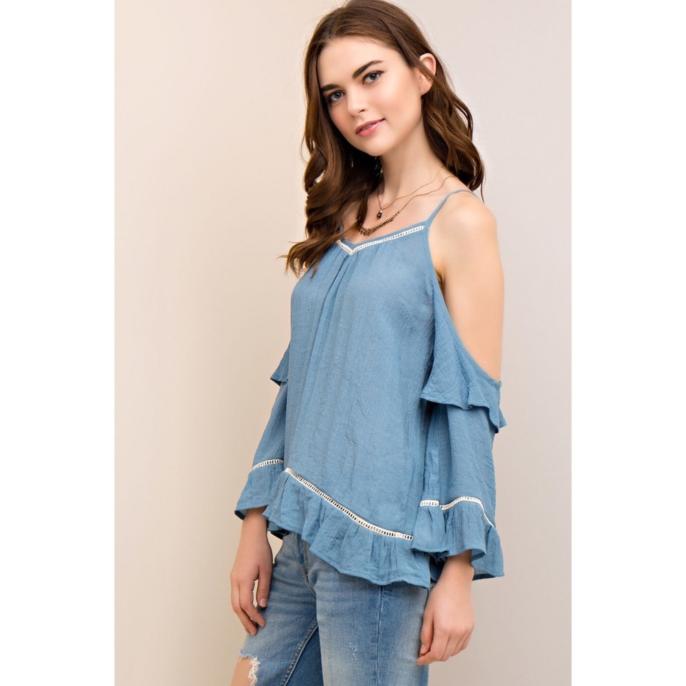 Blue Cold Shoulder Bell Sleeve V-Neck Blouse - Picture 2 of 8