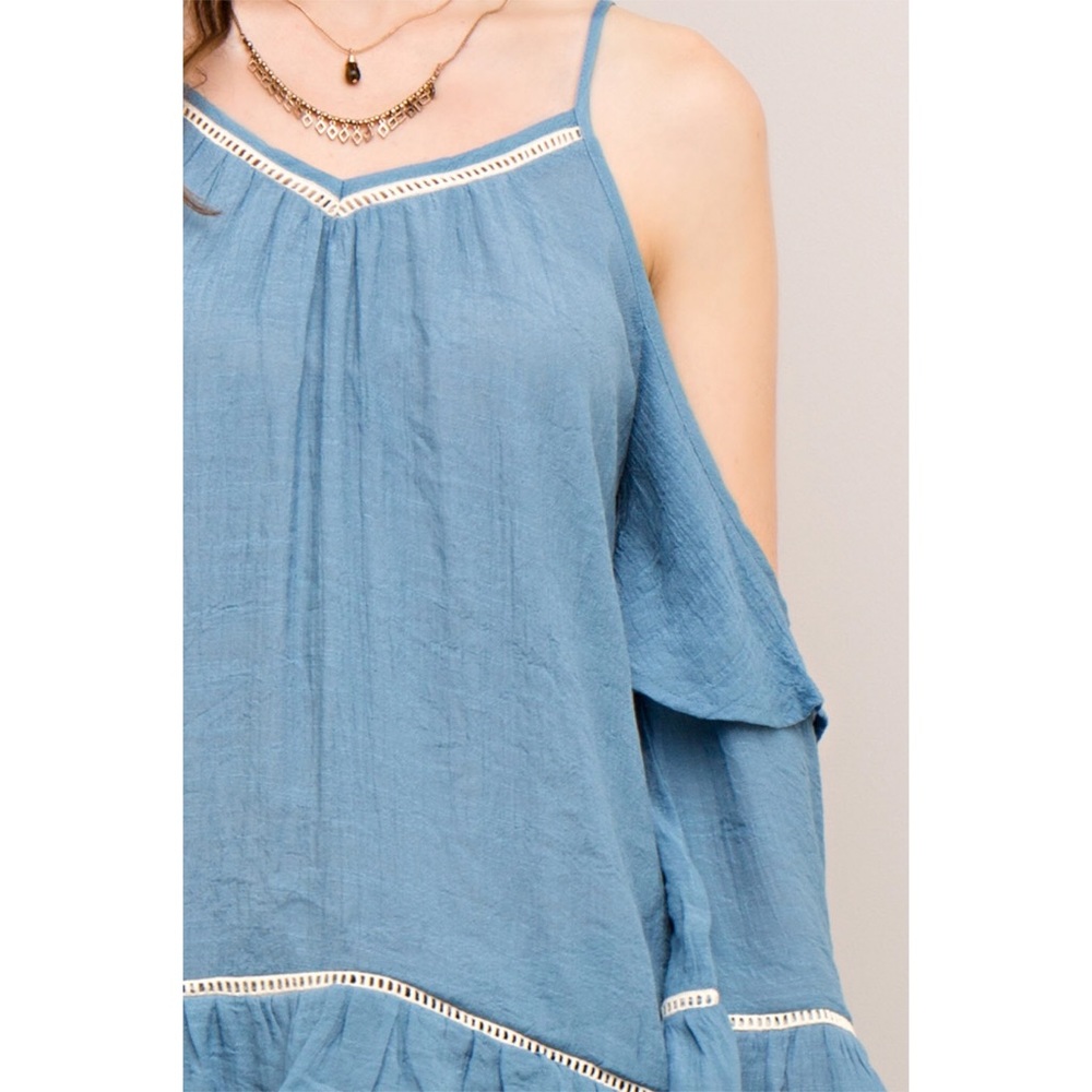 Blue Cold Shoulder Bell Sleeve V-Neck Blouse - Picture 6 of 8