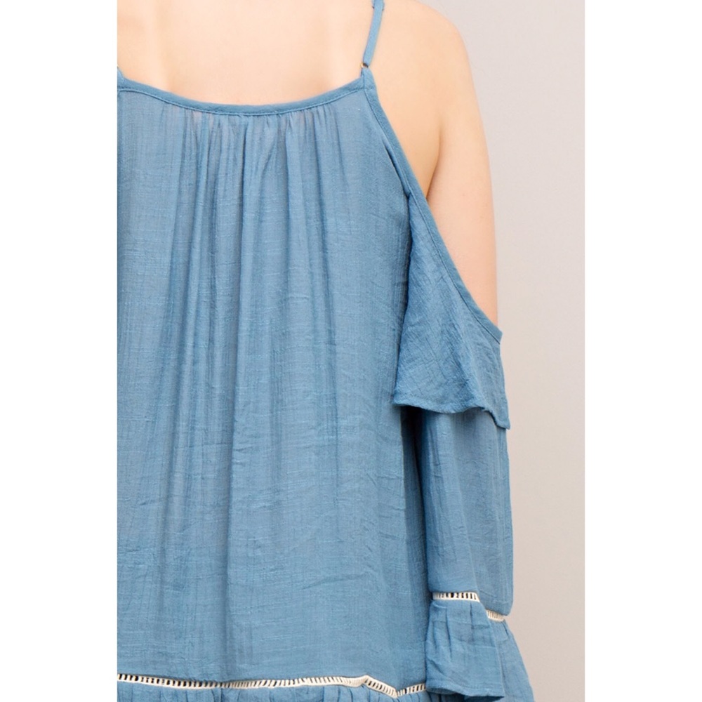 Blue Cold Shoulder Bell Sleeve V-Neck Blouse - Picture 4 of 8