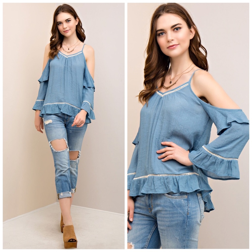 Blue Cold Shoulder Bell Sleeve V-Neck Blouse - Picture 3 of 8