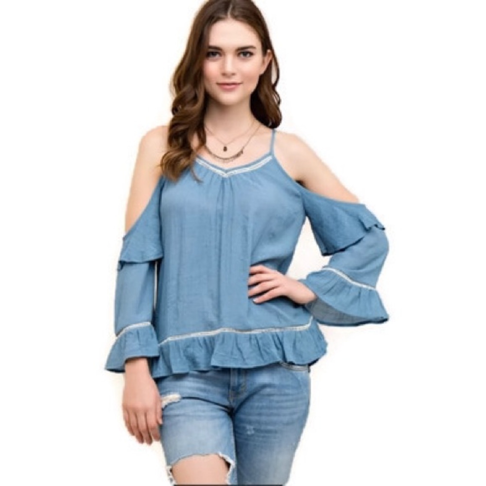 Blue Cold Shoulder Bell Sleeve V-Neck Blouse - Picture 8 of 8