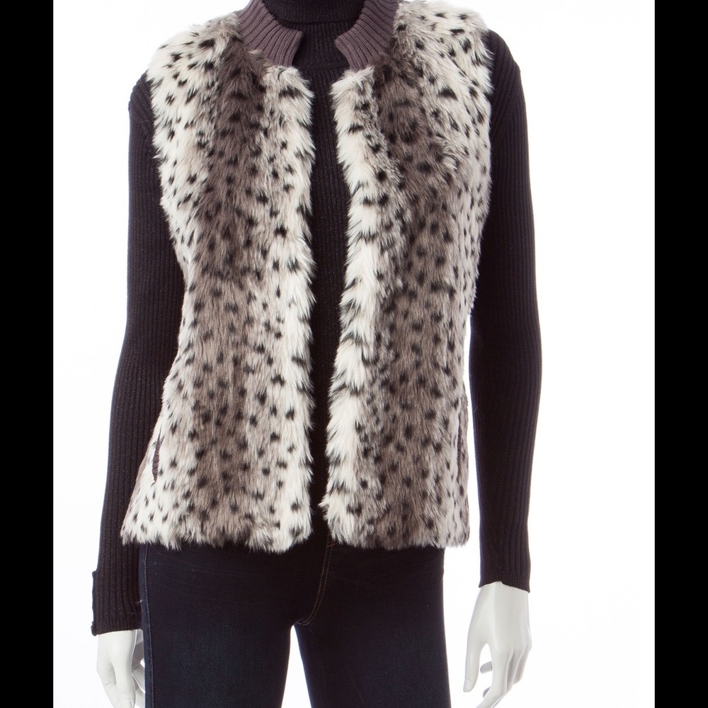 Leopard Print Faux Fur Vest w Knit Back n Trim NWT