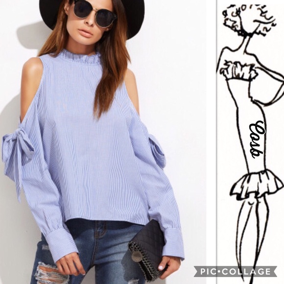 Cosb Tops - 1 Left! Denim Blue Stripe Cold Shoulders Top
