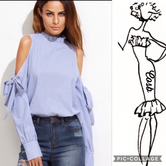 1 Left! Denim Blue Stripe Cold Shoulders Top - Picture 2 of 3