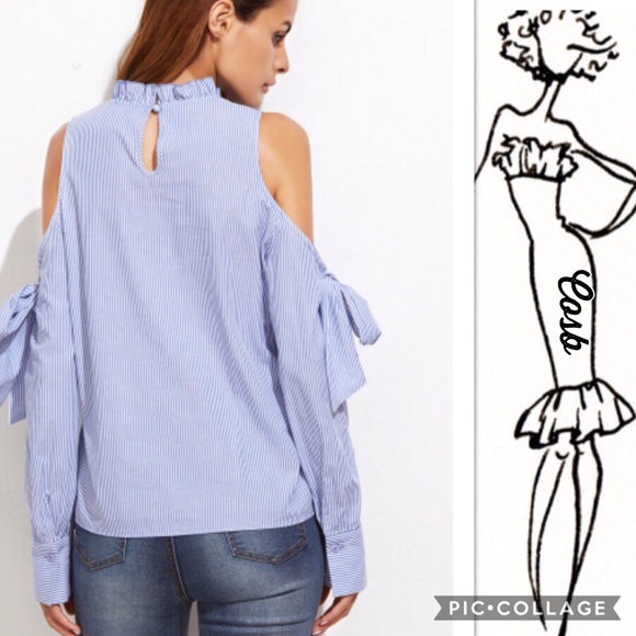 1 Left! Denim Blue Stripe Cold Shoulders Top - Picture 3 of 3