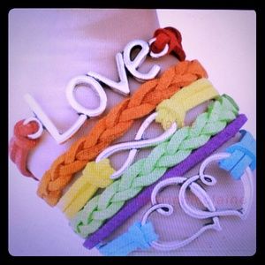 Rainbow love dual hearts leather bracelet cuff New