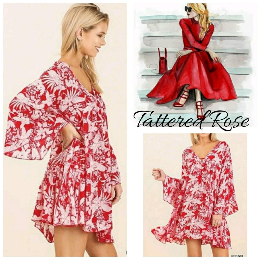 🌹Red Floral Bell Sleeve Dress