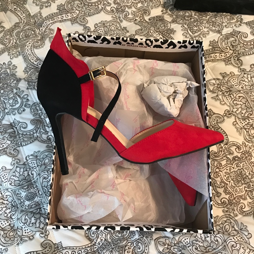 New red and black accent heels