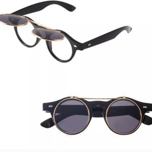 Steampunk FLIP sunglasses! Gold rim black frame!