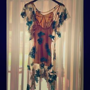 For Love and Lemons Nude Dress Floral Blue Prom