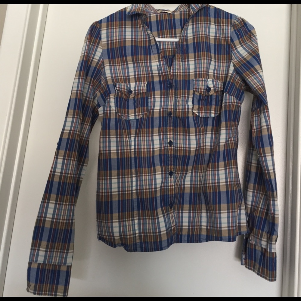 Blue and light tan/brown stripe light flannel