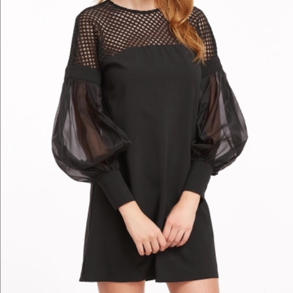 Black Eyelet Mesh Shoulder W/Sheer Sleeves Dress - Picture 7 of 8