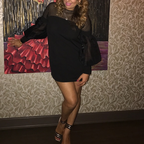 Black Eyelet Mesh Shoulder W/Sheer Sleeves Dress - Picture 8 of 8