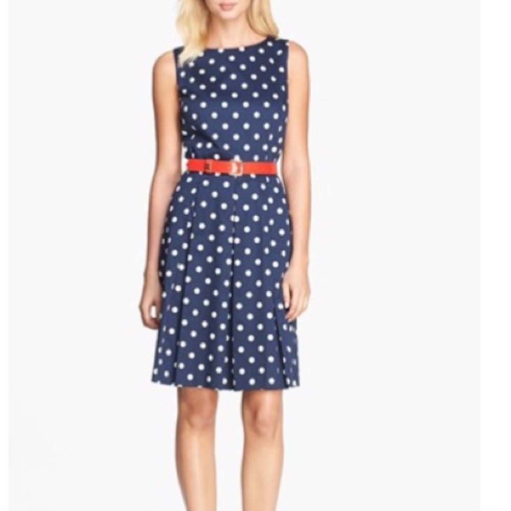 Tahari, Belted Polka Dot Fit and Flare Dress