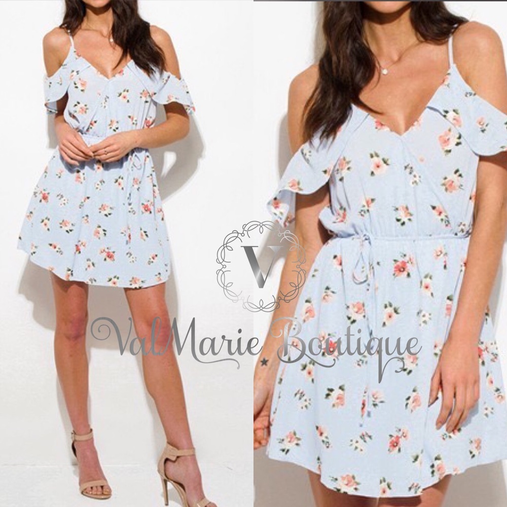 📍CLEARANCE 📍SKY BLUE FLORAL COLD SHOULDER DRESS - Picture 2 of 4