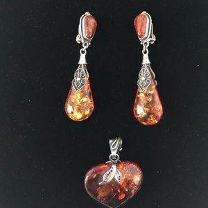 Genuine Baltic Amber Earrings & Heart Pendant