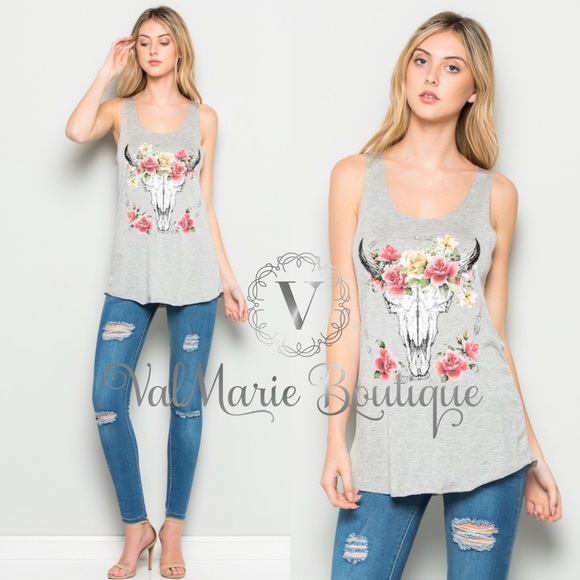 ValMarie Boutique Tops - SOFT BRUSHED SKULL ROSE TANK TOP HEATHER GREY