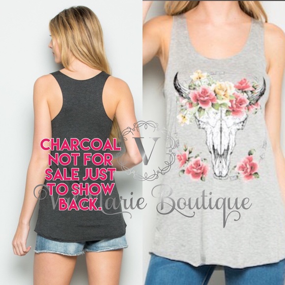 SOFT BRUSHED SKULL ROSE TANK TOP HEATHER GREY - Picture 2 of 2