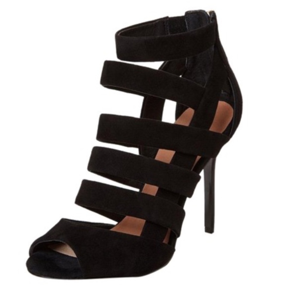 Maiden Lane suede black strappy sandals.