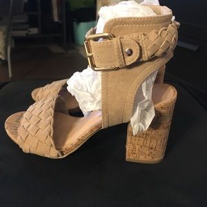 Tan suede sandals with a cork heel