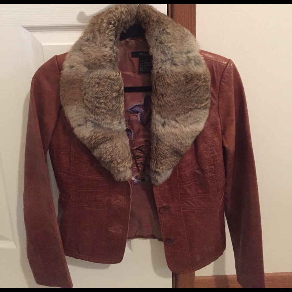 Arden B vintage leather jacket rabbit fur collar