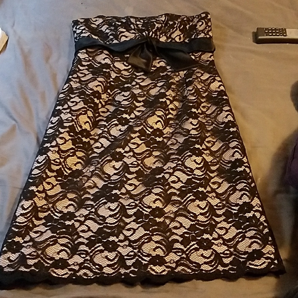 Tan and black lace mini dress