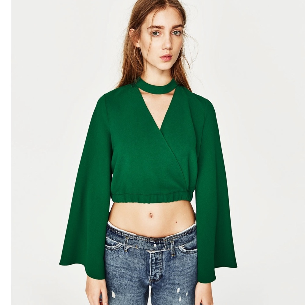 NEW Zara Green belled sleeve crop top w choker