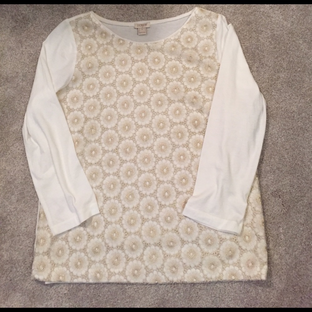 J. Crew ivory gold lace front tee S