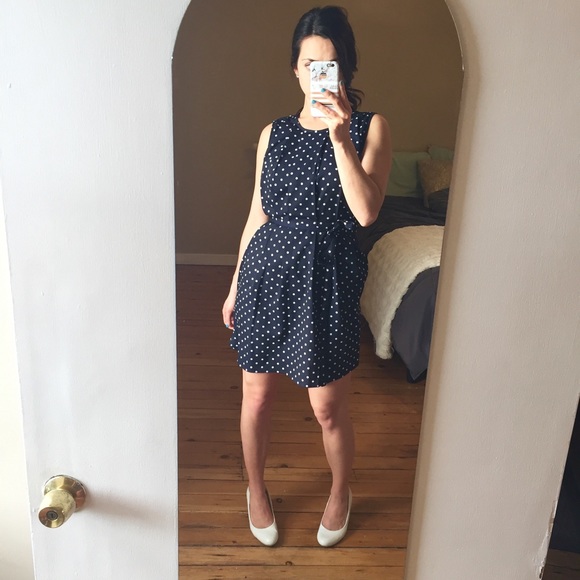 K by Kersh Dresses & Skirts - Navy & White Polka Dots Dress with Belt