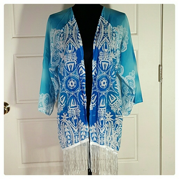 💖ONE LEFT SIZE L💖Blue Kimono with white tassels - Picture 6 of 7