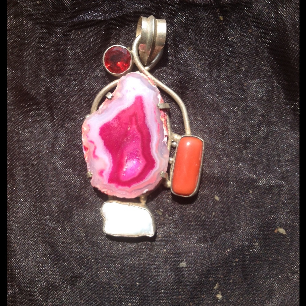 SIlverPendant Agate-Garnet-Red Coral- Biwa Pearl