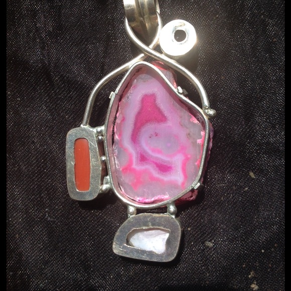 SIlverPendant Agate-Garnet-Red Coral- Biwa Pearl - Picture 2 of 2
