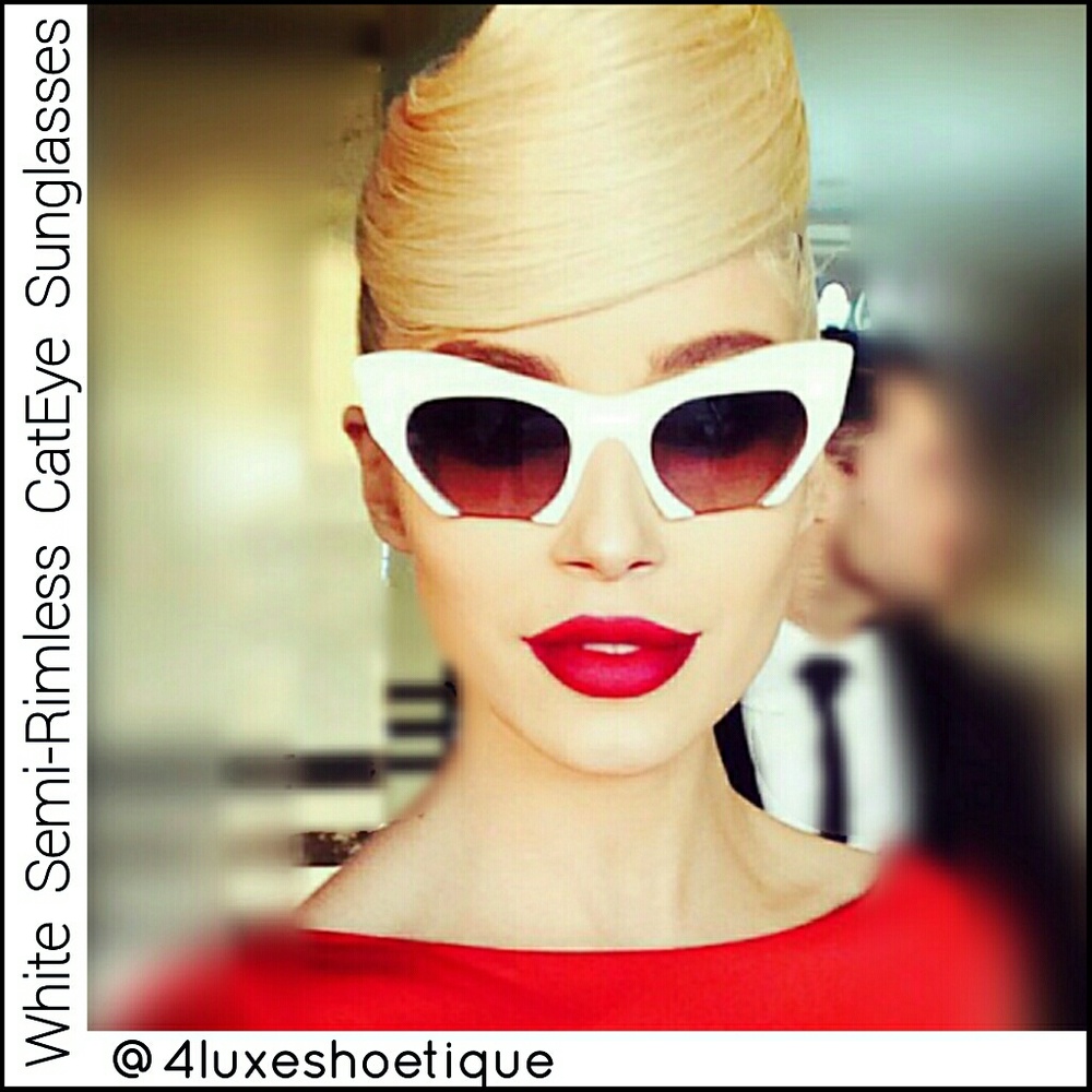 NEW White Semi Rimless Cat Eye Sunglasses