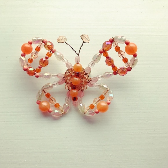 Orange & pink beaded butterfly pin - Picture 1 of 4