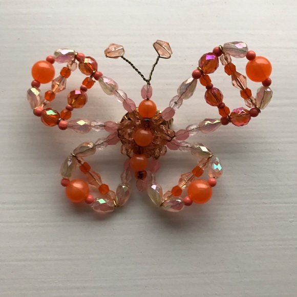 Orange & pink beaded butterfly pin - Picture 2 of 4